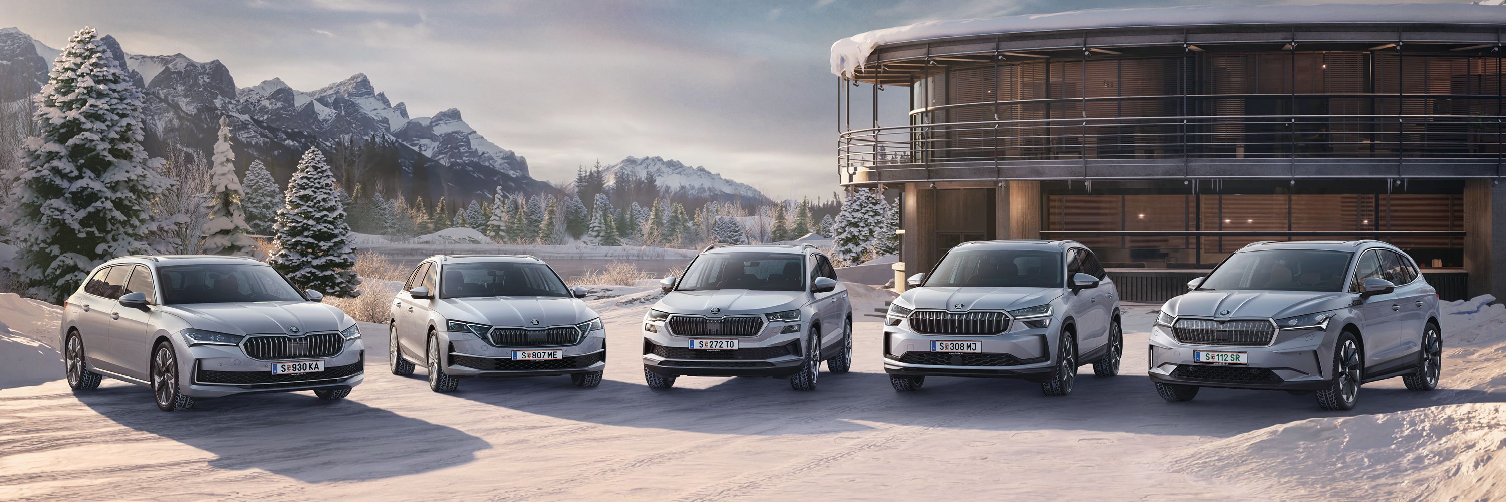 Eine Škoda Flotte in winterlicher Landschaft